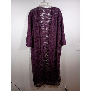 Roaman's Lace Floral 3/4 Sleeve Purple Plum Duster Cardigan Slit Plus Size 26W